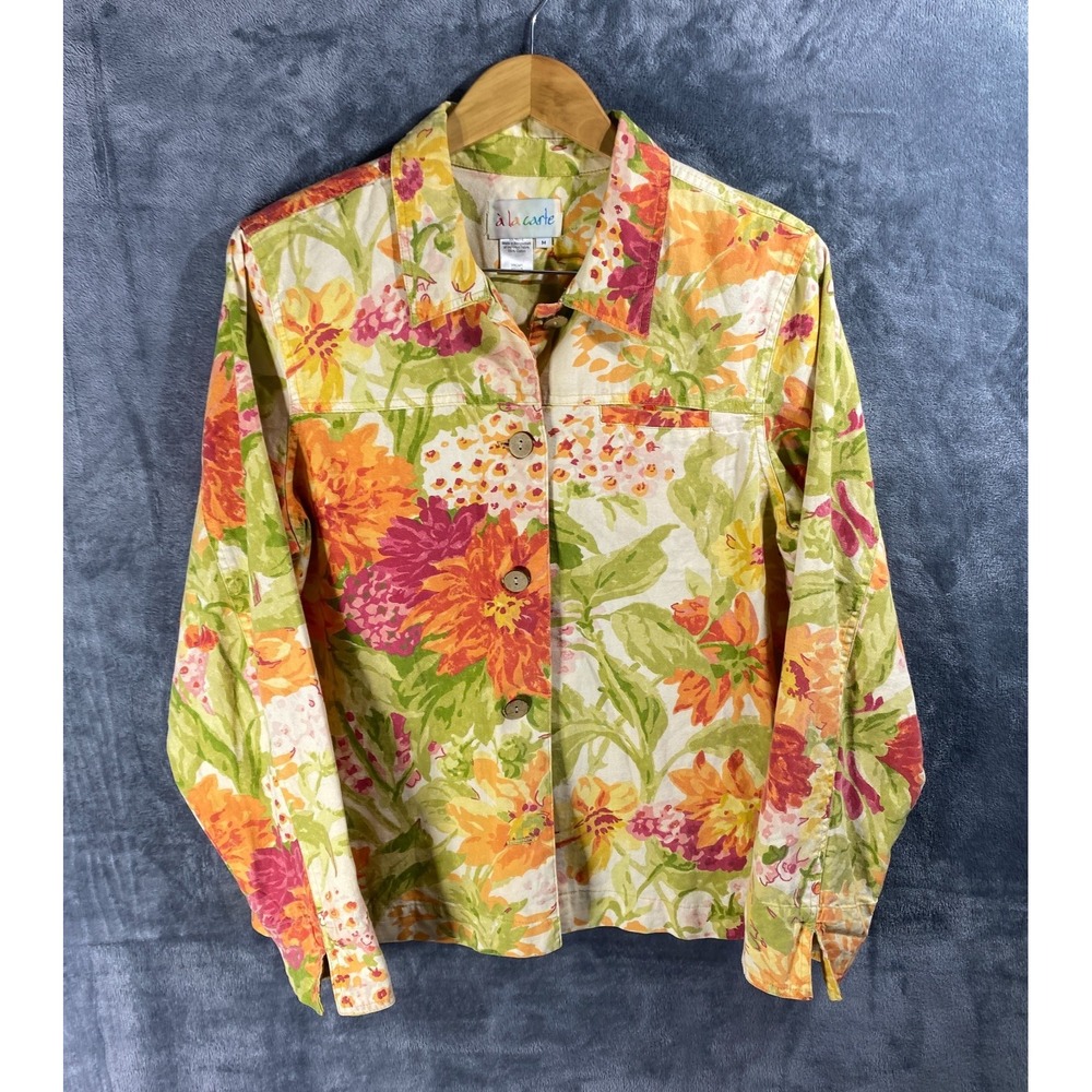 A La Carte Jacket Womens Medium Floral Chambray Cotton Floral AOP Cottage Fairy